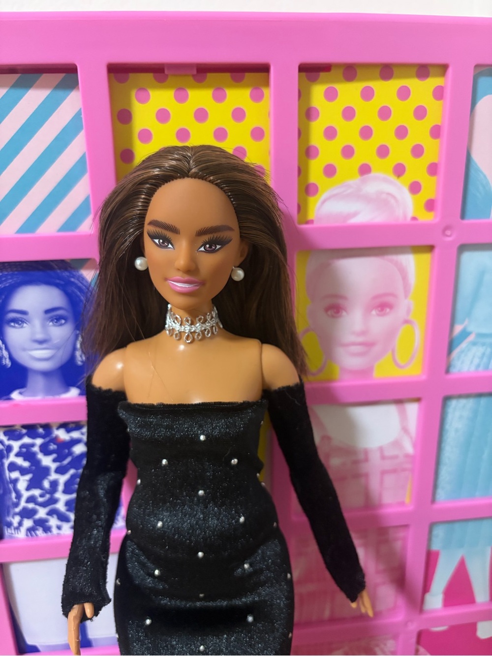 Curvy Barbie Doll Brown Hair Black Dress Pearl Earrings